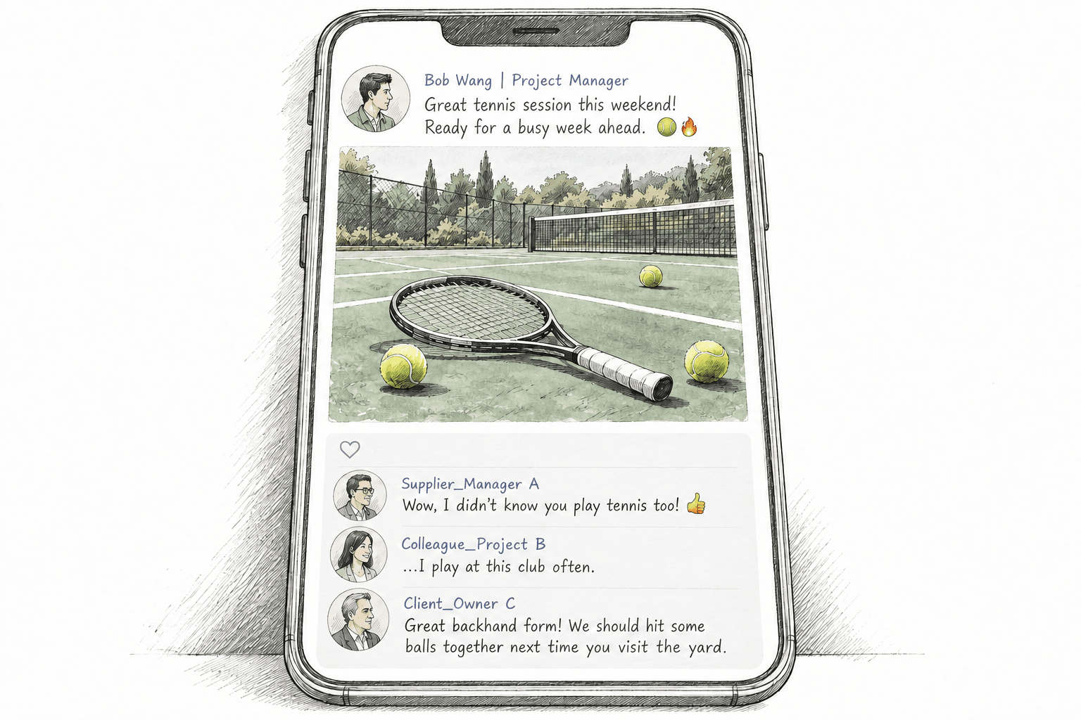 WeChat Moments post showing professional contacts discovering a shared interest in tennis