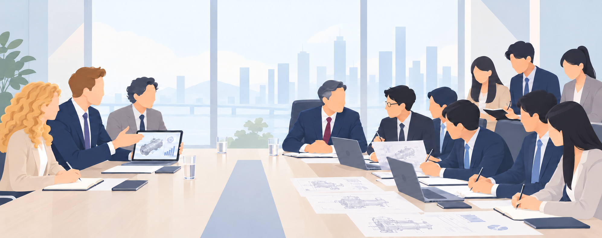 Illustration of a large Chinese supplier delegation meeting with international visitors
